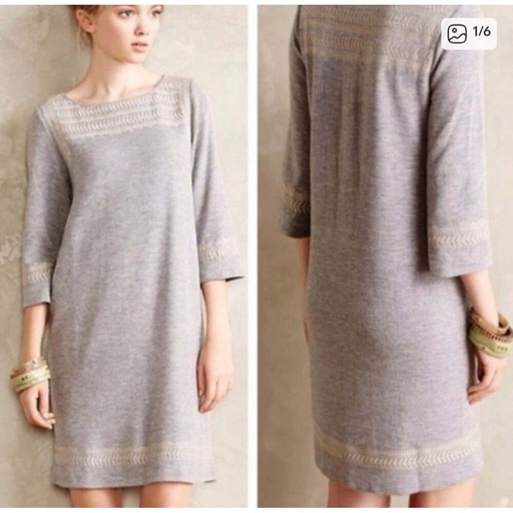 Edme & Esyllte Anthropologie Anstice Gray ¾ Sleeve Embr Sweater Dress Size L